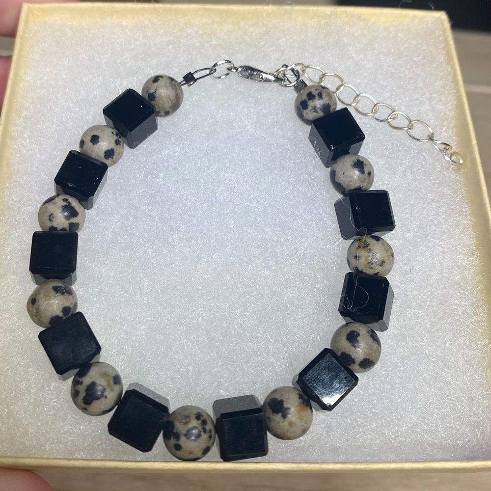 Handmade Dalmatian jasper and black square glass bracelet